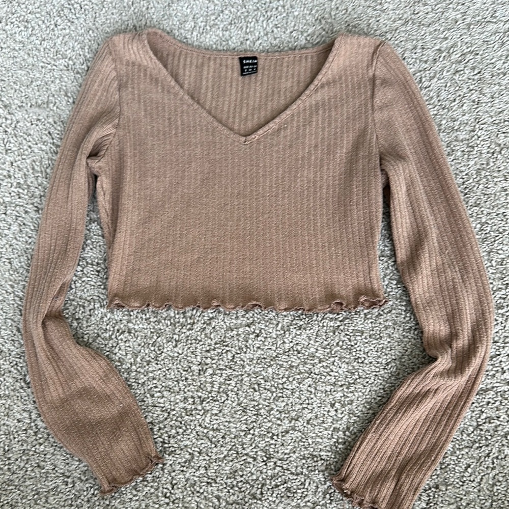 shein tan ribbed crop long sleeve